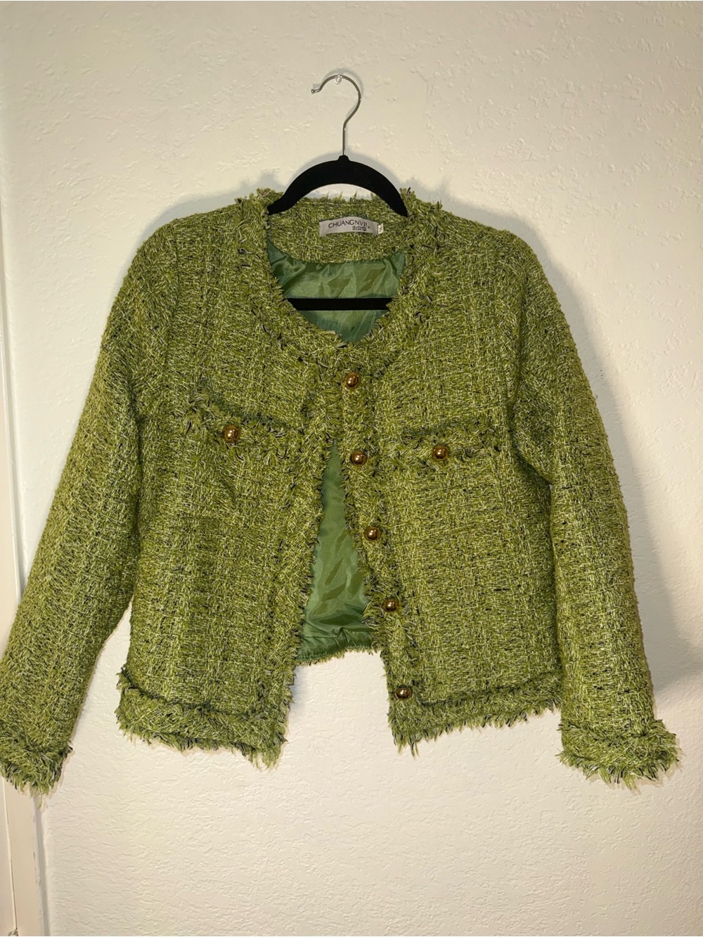 Olive Green Tweed Fringe Cropped Blazer